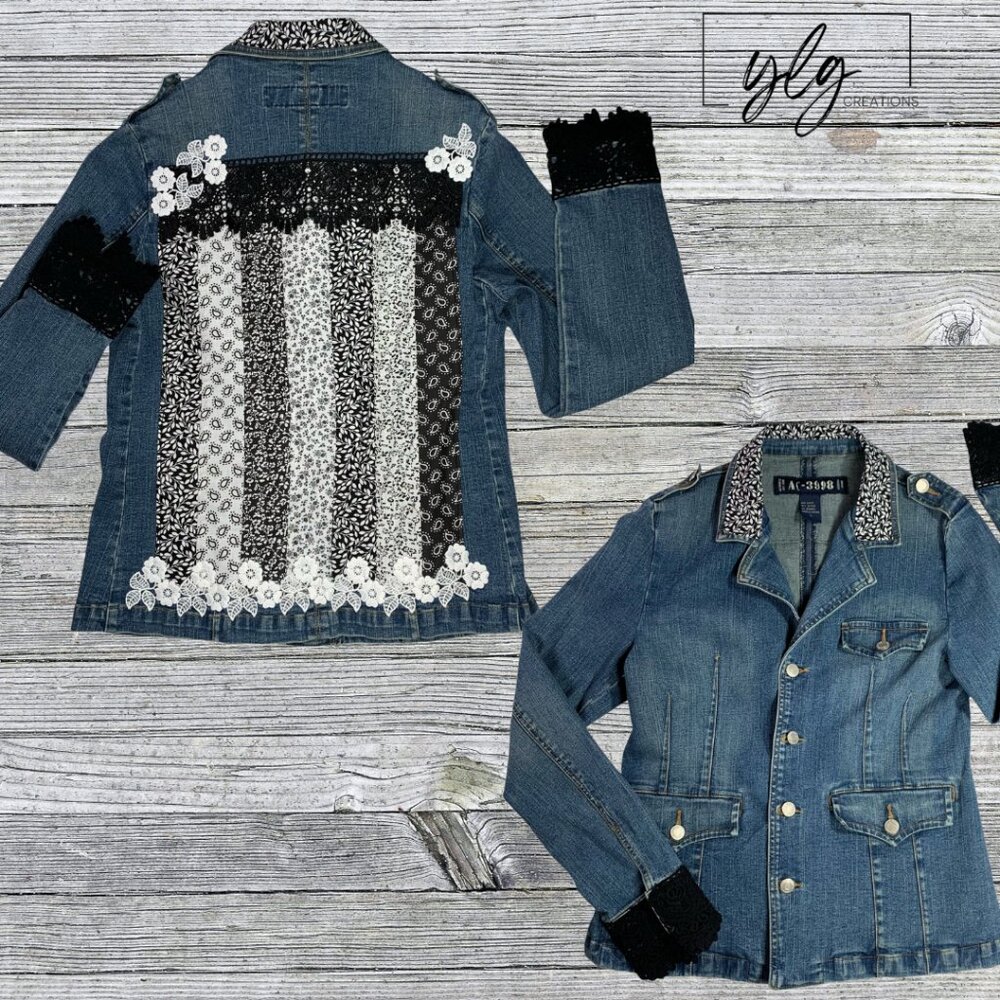 Western Glam Denim Jacket Blazer Black Lace Flower Appliqué Rockstar Boho Chic